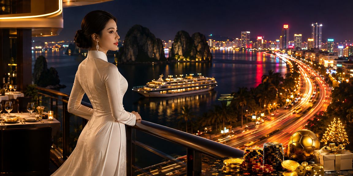 Khung cảnh Hạ Long Bay với phụ nữ áo dài và không khí VIP casino